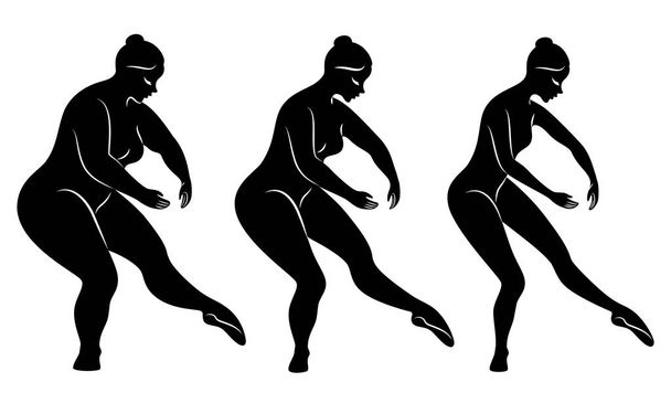 Collection. Silhouette of a cute lady, she is dancing ballet. A woman is overweight. The girl is plump, then slim, then thin. Woman is ballerina, gymnast. Vector illustration set - Vector, Image