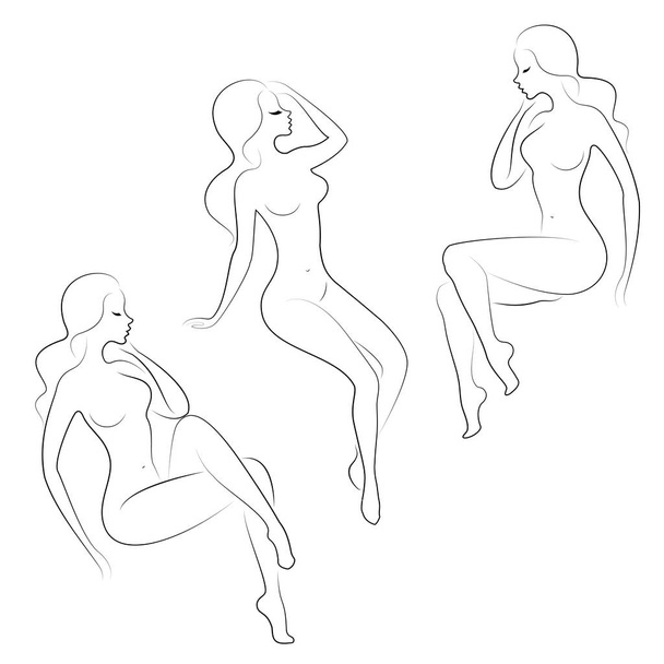 Collection. Silhouette of a sweet lady, she is sitting. The girl has a beautiful nude figure. A woman is a young sexy and slender model. Vector illustration set - Vector, Image