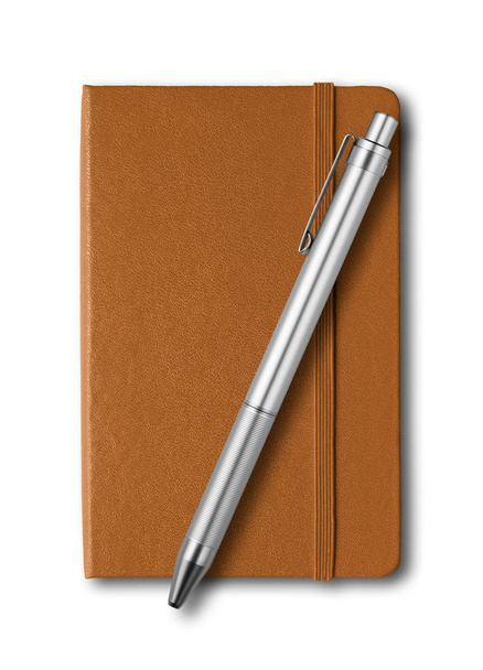 Leather closed notebook and pen isolated on white - Fotoğraf, Görsel