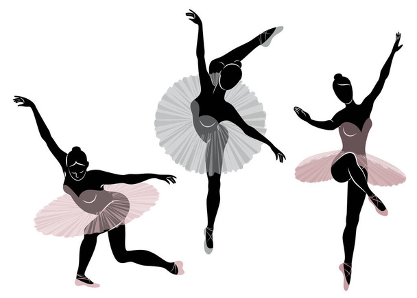 Collection. Silhouette of a cute lady, she is dancing ballet. The girl has a beautiful figure. Woman ballerina. Vector illustration set - Vector, Image