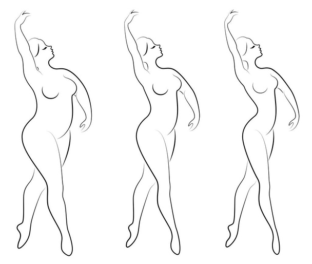 Συλλογή. Η σιλουέτα μιας χαριτωμέ-κυρίας, χορεύει μπαλέτο. Μια γυναίκα είναι υπέρβαρη. Το κορίτσι είναι παχουλό, λεπτό, λεπτό. Γυναίκα μπαλαρίνα, γυμνάστρια. Σύνολο απεικόνισης διανυσματικών φορέων - Διάνυσμα, εικόνα