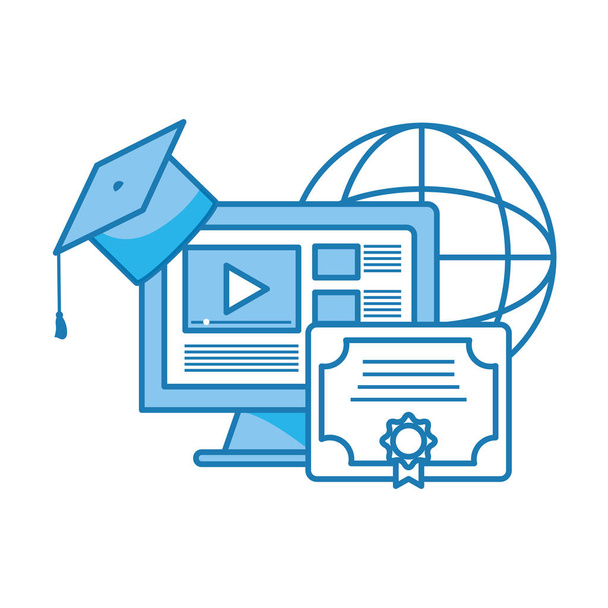 ordenador icono de vídeo casquillo de graduación con diploma y globo vector ilustración diseño gráfico
 - Vector, Imagen