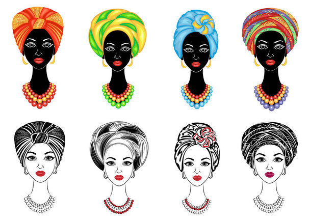 Συλλογή. Σιλουέτα ενός κεφαλιού μιας γλυκιης κυρίας. Ένα λαμπερό Σάλι, ένα τουρμπάνι δεμένο στο κεφάλι μιας Αφροαμερικανικής κοπέλας. Η γυναίκα είναι όμορφη και κομψή. Σύνολο διανυσματικών απεικονίσεων - Διάνυσμα, εικόνα