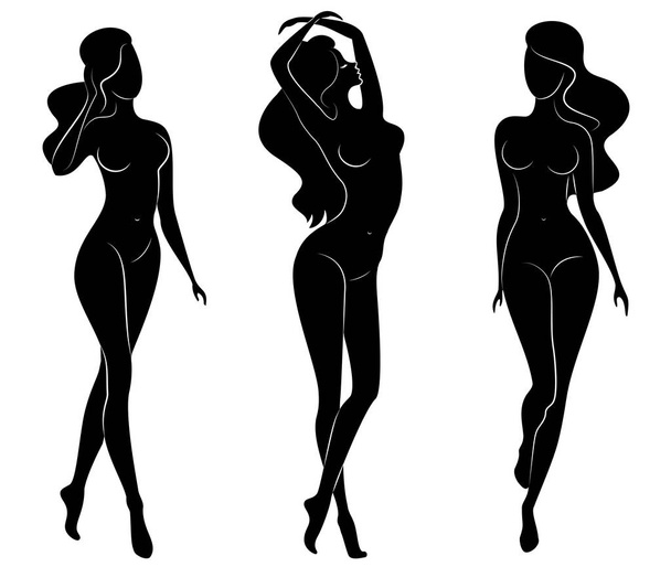 Collection. Silhouette of a cute lady, she stands and walks. The girl has a beautiful nude figure. Woman - young sexy and slim model. Set of vector illustrations - Vector, Imagen