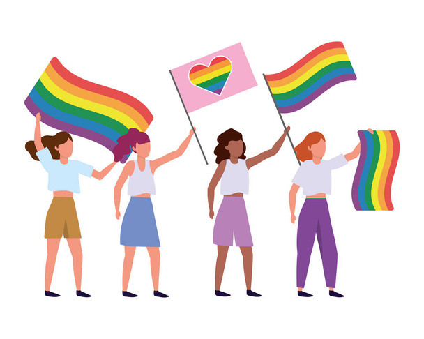 homoseksuele trotse lesbische vrouwen met Fobe vlaggen cartoon vector illustratie grafisch ontwerp - Vector, afbeelding