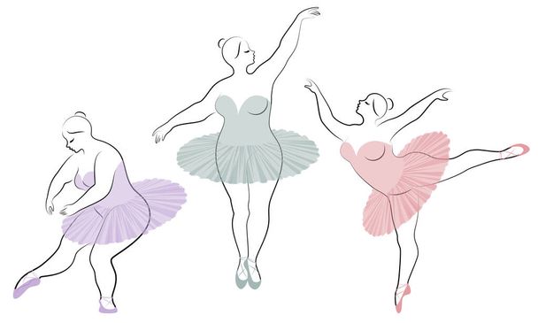 Коллекция. Силуэт милой дамы, она танцует балет. У женщины лишний вес. Девушка пухлая и стройная. Женщина балерина, гимнастка. Набор векторных иллюстраций
 - Вектор,изображение