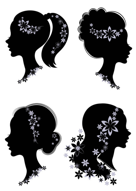 Sammlung. Silhouettenprofil eines niedlichen Damenkopfes. Das Mädchen hat einen Haarschnitt-Schwanz für lange, schöne Haare, die mit Blumen verziert sind. geeignet für Werbung, Logo. Vektor Illustration Set. - Vektor, Bild