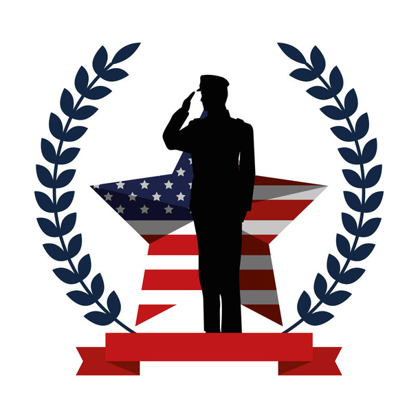 silueta vojenského člověka s vlajkou emblém - Vektor, obrázek