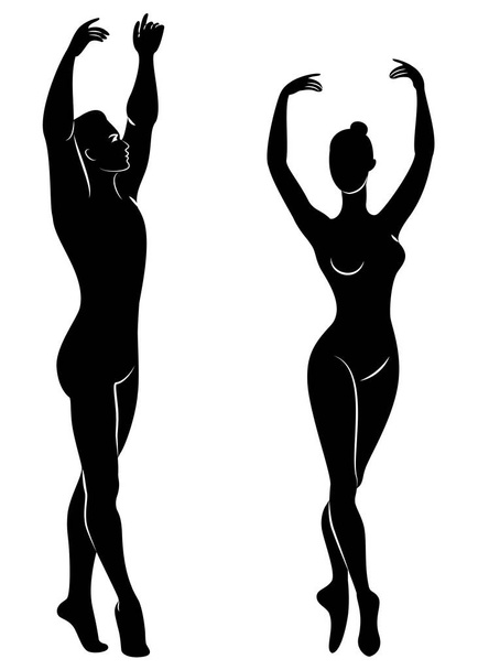 Silhouette of a cute lady and youth, they dance ballet. The woman and the man have beautiful slender figures. Girl ballerina and boyfriend dancer. Ballet dancer. Vector illustration - Vector, Image
