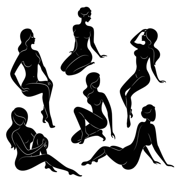 Collection. Silhouette of a sweet lady, she sits and stands. The girl has a beautiful nude figure. A woman is a young slender and sexy model. Set of vector illustrations - Vector, Image