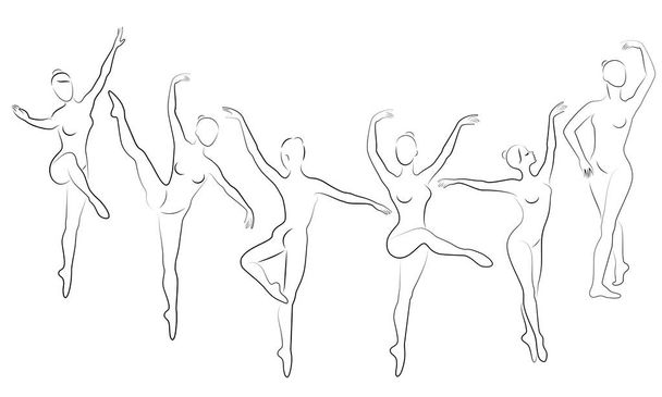 Collection. Silhouette of a cute lady, she is dancing ballet. The girl has a slim beautiful figure. Woman ballerina. Vector illustration set - Vector, Image