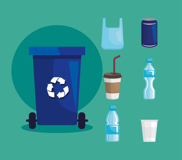 Σετ καλάθι ανακύκλωσης με πλαστικά μπουκάλια και φλιτζάνια - Διάνυσμα, εικόνα