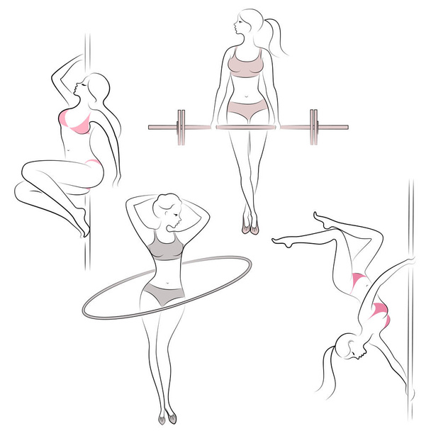 Collection. Silhouettes of lovely ladies. Girls are engaged in fitness the bar, hoop, dance on the pylon. Women are young and slim, with beautiful figures. Set of vector illustrations - Vector, Image