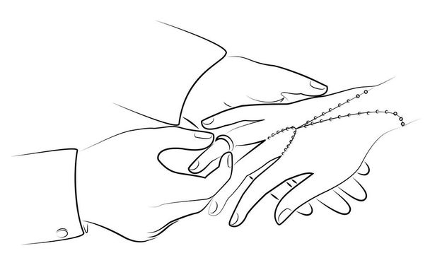 Hands newlyweds at the wedding. A man puts a wedding ring on the girl s finger. Vector illustration - Vector, Image