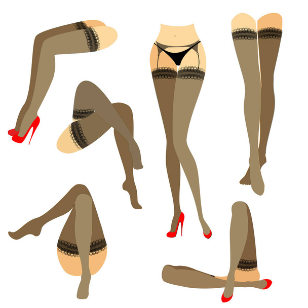 Collection. Silhouette of slender beautiful female legs. The lady is in different poses. Girls dressed in fashionable stockings and shod in red high-heeled shoes. Vector illustration set - Vector, Image