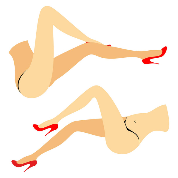 Σιλουέτα μιας κυρίας με μπικίνι. Λεπτή πόδια ενός νεαρού κοριτσιού με κόκκινα παπούτσια. Η γυναίκα ψεύδεται. Πόδια καλά καλλωπισμένο, όμορφο μεταξένια δέρμα. Σύνολο απεικόνισης διανυσματικών φορέων - Διάνυσμα, εικόνα