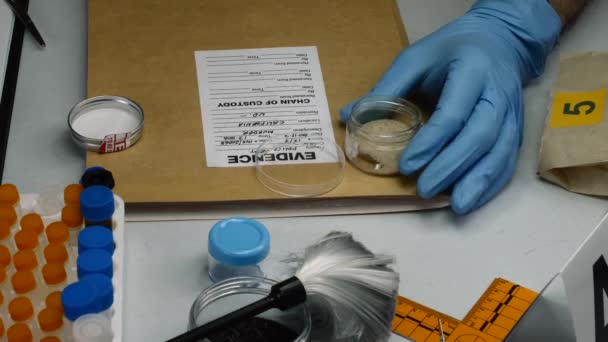 Police Scientific analyseert zand uit de scène van een misdrijf in het Criminologische laboratorium - Video