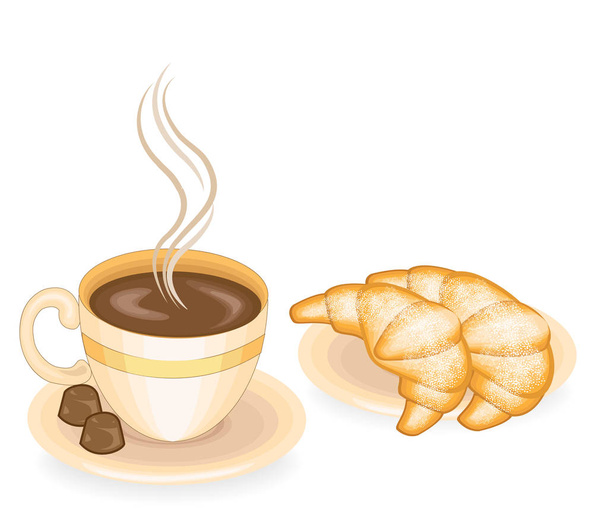Hot coffee with fresh croissants, classic French cuisine. Two chocolate candies Delicious food for breakfast, lunch and dinner. Vector illustration - Vector, Image