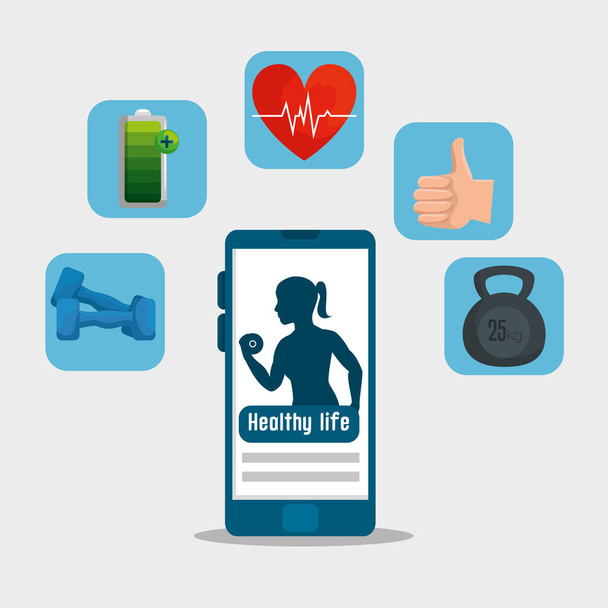 smartphone and labels with health lifestyle exercise - Vector, Image