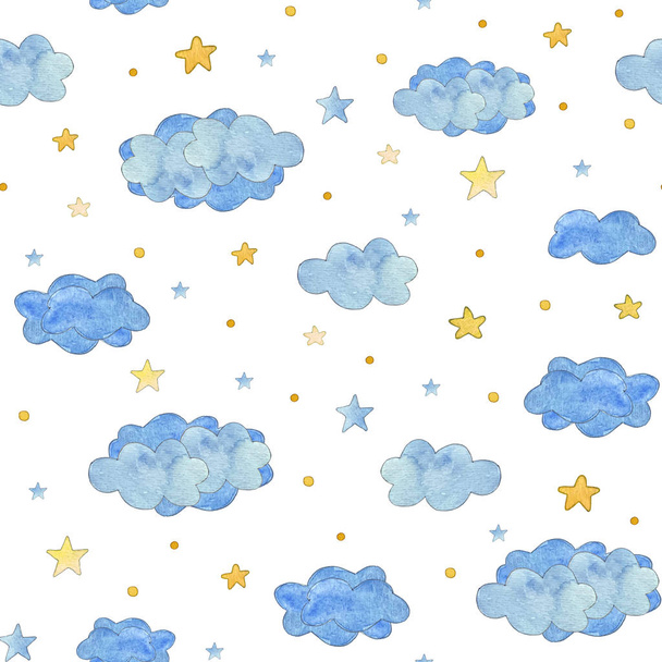 Seamless pattern with blue clouds and yellow stars, baby background - Foto, Imagem