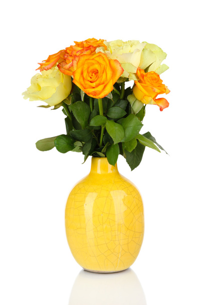 Beautiful bouquet of roses in vase isolated on white - Foto, afbeelding