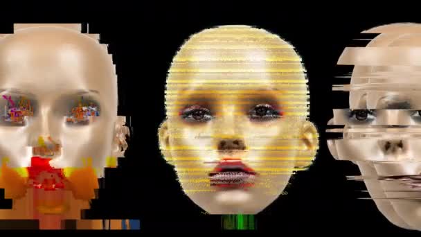 Espressioni facciali animate di testa di manichino con glitch ed effetti di distorsione
 - Filmati, video