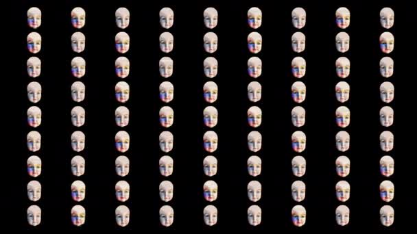 antyczne głowy lalek z animowanym wyrazem twarzy i nakładki usterki i zniekształcenia - Materiał filmowy, wideo
