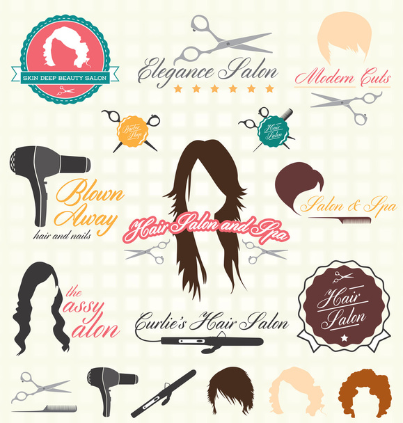: Διάνυσμα Retro μαλλιά σαλόνι Ετικέτες και εικονίδια - Διάνυσμα, εικόνα