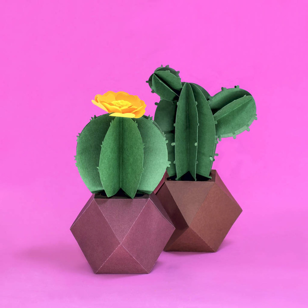Paper cacti in handcrafted flower pots  - Photo, Image