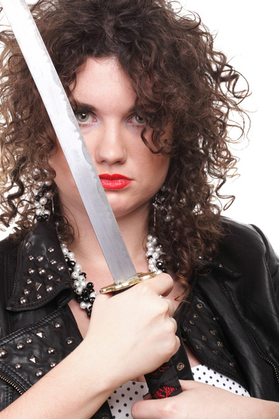 curly woman curly girl and sword - Valokuva, kuva