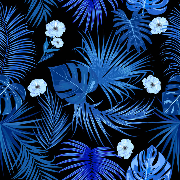 Тропические джунгли пальмовые листья векторные бесшовный узор, голубые цвета
 - Вектор,изображение