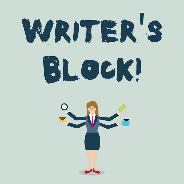 Tekst pisma ręcznego Writer S is Block. Pojęcie znaczenie warunek bycia w stanie zrobić kawałek pisemnej pracy businesswoman z czterema ramionami rozszerzanie Sideways Holding pracownicy potrzebny element. - Zdjęcie, obraz