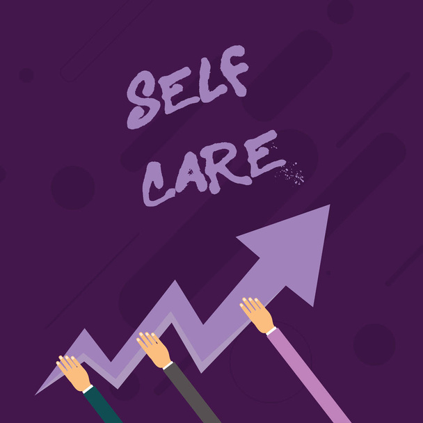 Word writing text Self Care. Business concept for practice of taking action to preserve or improve ones own health Three Hands Holding Colorful Zigzag Lightning Arrow Pointing and Going Up. - Photo, Image