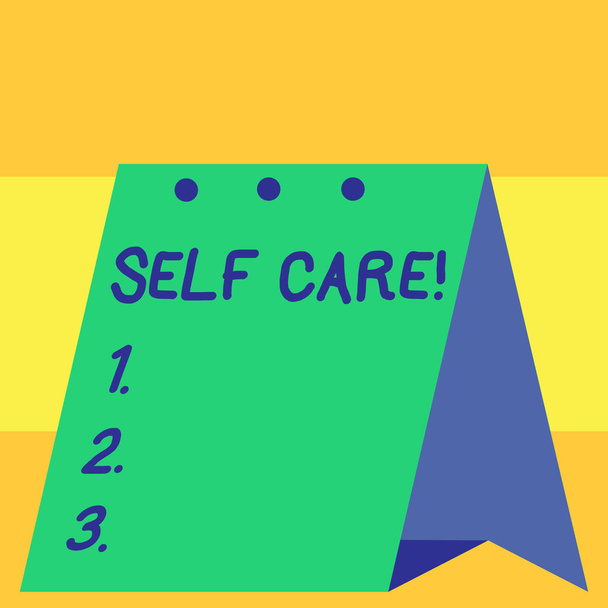 Texto de escritura de palabras Self Care. Concepto empresarial para la práctica de tomar medidas para preservar o mejorar la propia salud
. - Foto, imagen