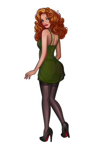 Beautiful redhead pin-up girl in green dress - Вектор, зображення