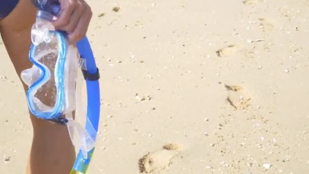 Mujer madura sosteniendo equipo de snorkel caminando en la soleada playa tropical cerca de partes del cuerpo visión trasera personas reales
 - Metraje, vídeo