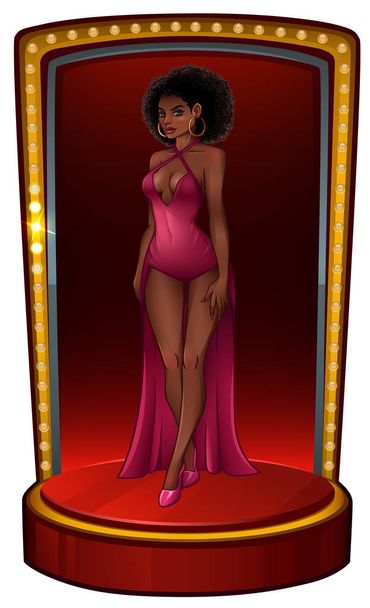 Beautiful African American girl in pink dress on scene - Διάνυσμα, εικόνα