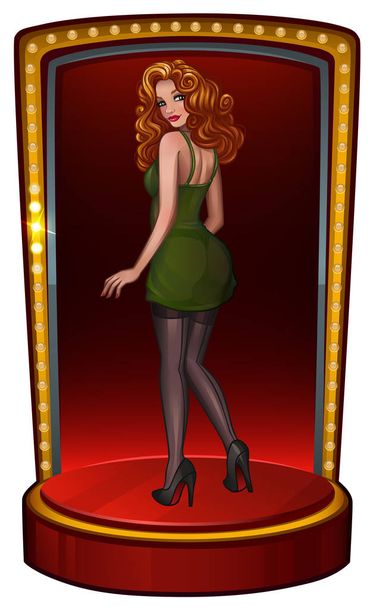 Beautiful redhead pin-up girl in green dress on scene - Vektör, Görsel