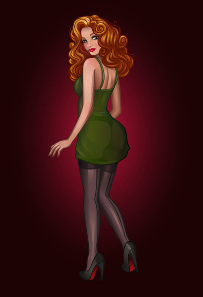 Beautiful redhead pin-up girl in green dress - Вектор, зображення