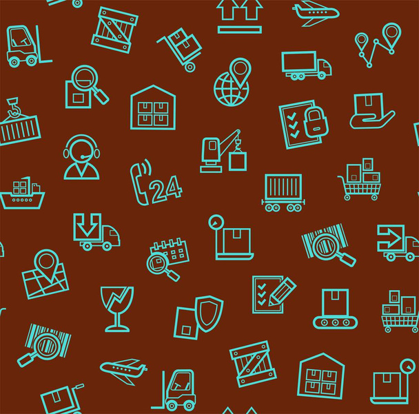 Cargo delivery, seamless pattern, brown, color, contour lines, icons, vector. Cargo transportation and delivery of goods. Vector flat seamless pattern. Linear blue icons on a brown background.  - Vettoriali, immagini