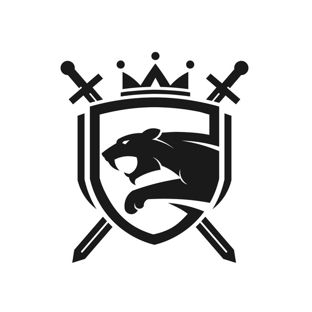 2つの交差した剣を持つ虎の頭、力、忠誠心、セキュリティの遺伝的シンボルとして使用するためのクラウンロゴ付きシールド - ベクター画像