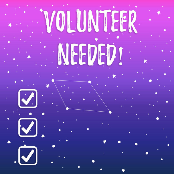 Handwriting text Volunteer Needed. Concept meaning need work for organization without being paid Constellation with Seamless White Stars and Dots Scattered and One Pattern. - Photo, Image