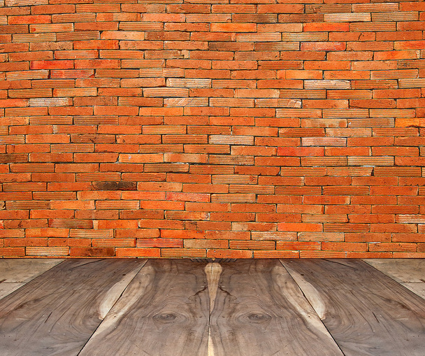 The Perspective view of old wood floor with old brickwall - Photo, Image
