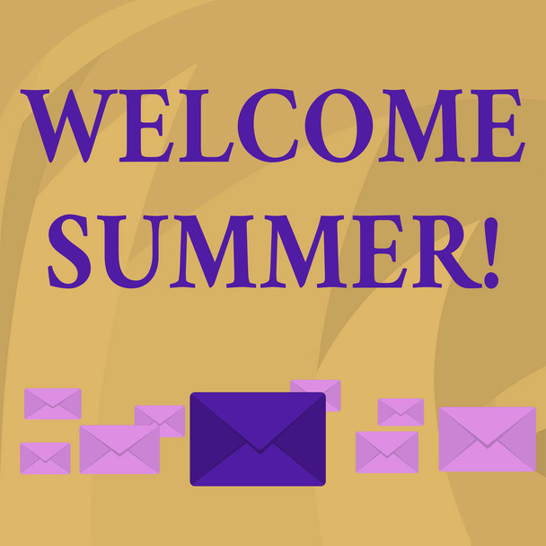 Word writing text Welcome Summer. Business concept for start of the new season by enjoying the hot weather Pastel Color Closed Envelopes in Different Sizes with Big one in the Middle. - Photo, Image
