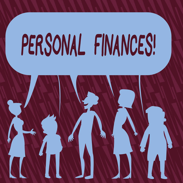 Text sign showing Personal Finances. Conceptual photo the activity of analysisaging own money and financial decisions Silhouette Figure of People Talking and Sharing One Colorful Speech Bubble. - Photo, Image