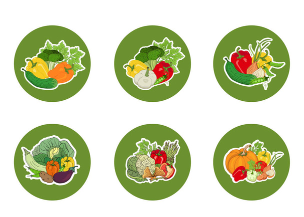 Joukko tarroja, kuvakkeet vihanneksia pyöreällä vihreällä taustalla. Vektori
 - Vektori, kuva
