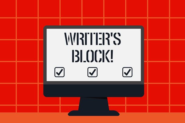 Conceptual hand writing showing Writer S Is Block. Business photo text condition of being unable to make a piece of written work Blank Desktop Computer Colorful Screen Freestanding on Table. - Photo, Image