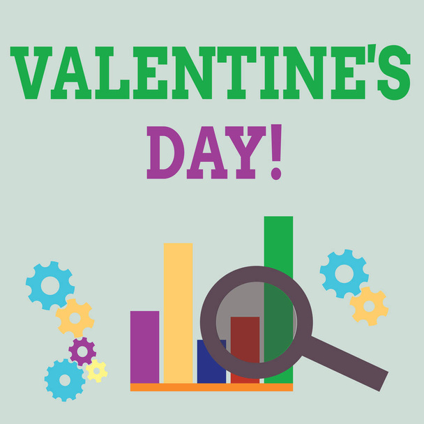 Word writing text Valentine S Day. Business concept for roanalysistic holiday celebrated each year on February 14 Magnifying Glass Over Bar Column Chart beside Cog Wheel Gears for Analysis. - Photo, Image