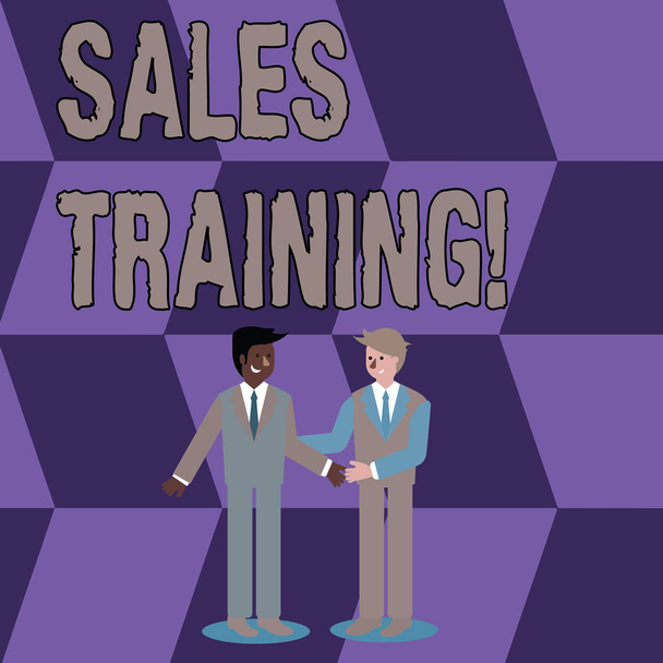 Conceptual hand writing showing Sales Training. Business photo showcasing train salesshowing the methods of great sales techniques Businessmen Smiling and Greeting each other by Handshaking. - Photo, Image