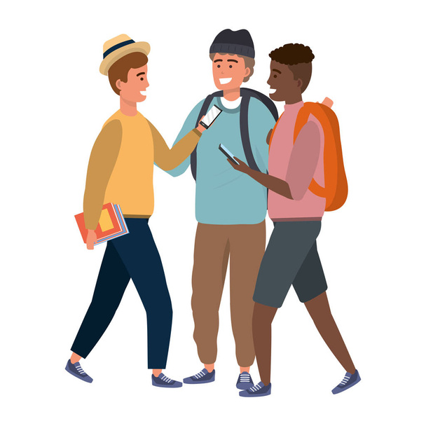 Millennial diverse group using smartphone taking selfie smiling holding book wearing hat backpack - Vector, Image